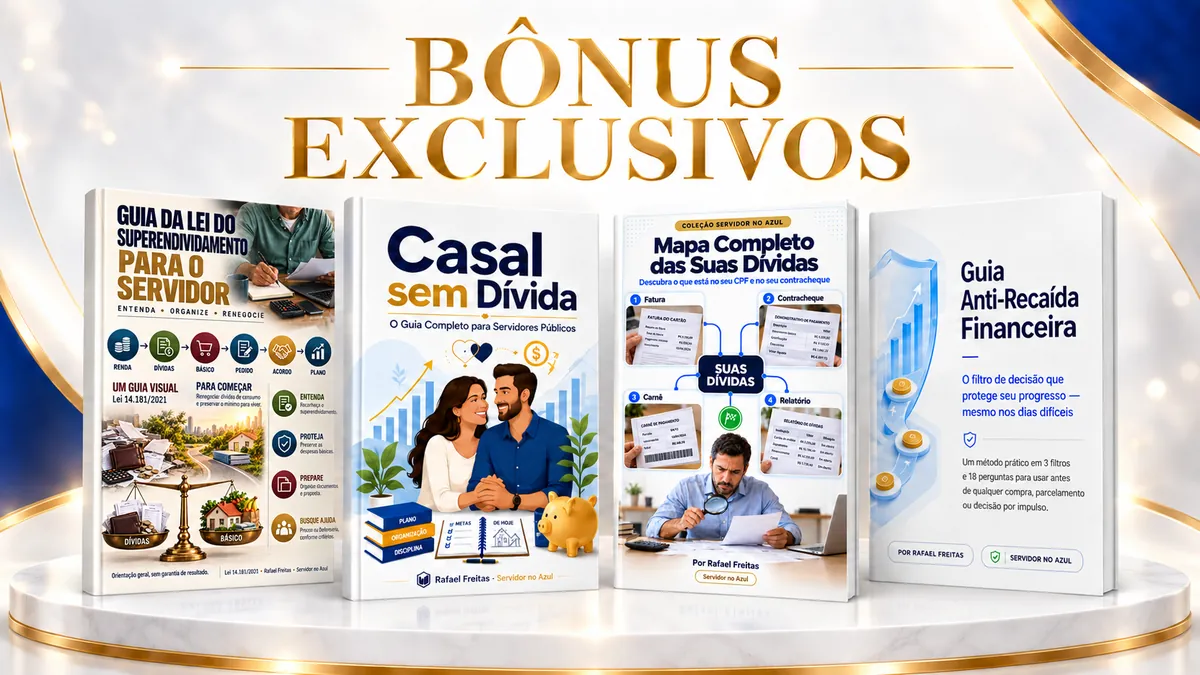 Os 4 guias de bônus do Kit: Superendividamento, Casal sem Dívida, Mapa Completo das Suas Dívidas e Anti-Recaída Financeira