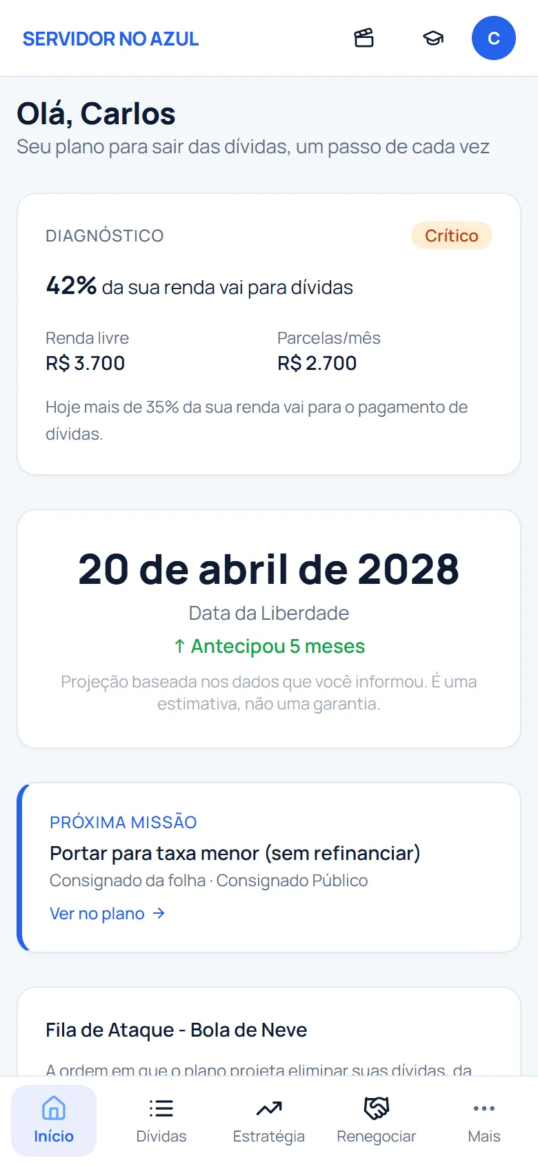 Tela inicial do App Operação Dívida Zero