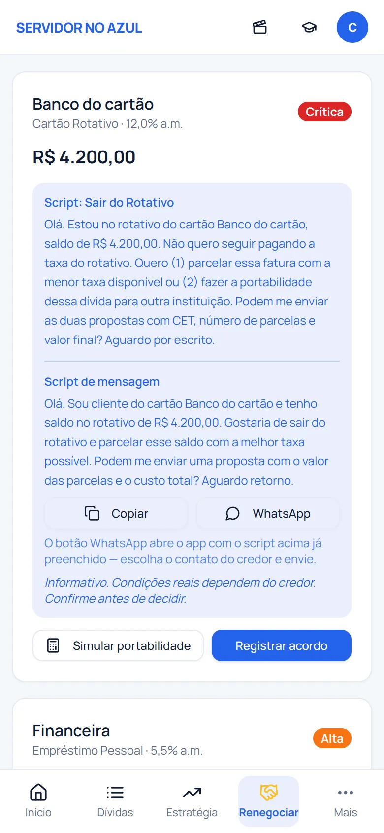 Tela Renegociar do Operação Dívida Zero com o script para cartão de crédito no rotativo
